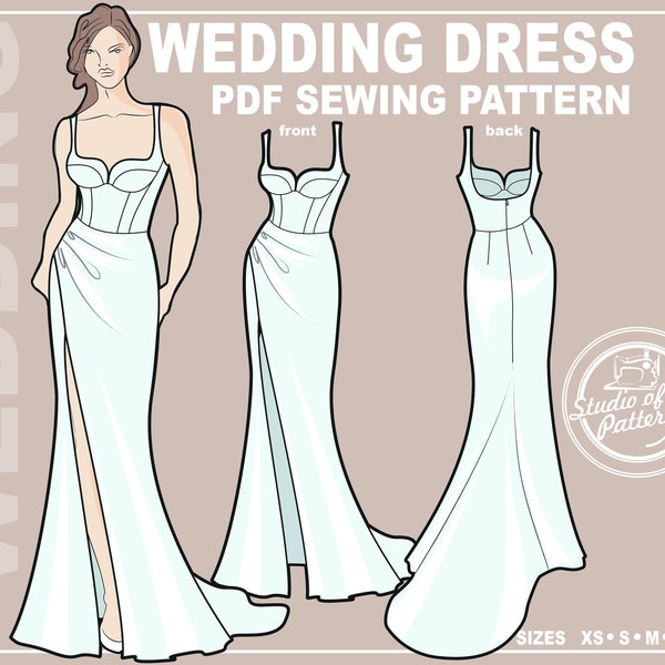 PATTERN WEDDING DRESS. Sewing Pattern Bridal gown featuring draping. Digital Pack 5 sizes. Instant Download.