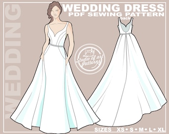 Brautkleid Schnittmuster mit abnehmbarer Schleppe: Satin-Taft Abendkleid (PDF Digital, 5 Grössen XS-XL, A4 Print-at-home/A0 Plotter Format)