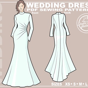 Muslim Bride Wedding Dress Sewing Pattern: Long Sleeves, Draped Bodice (PDF Digital, 5 Sizes XS-XL, A4 Print-at-home/A0 Plotter Format)