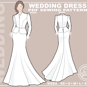 May include: A white wedding dress sewing pattern with a fitted bodice, a peplum, and a flowing skirt. The pattern includes instructions for sizes XS, S, M, L, and XL. The pattern is available as a PDF download.