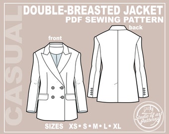 PATTERN WOMEN'S BLAZER. Sewing Pattern Double-breasted Jacket. Digital Pack 5 sizes. Instant Download. Print-at-home