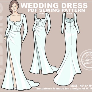 PATTERN WEDDING DRESS with sleeves for tall women. Sewing Pattern Bridal gown featuring draping. Digital Pack 5 sizes. Instant Download.