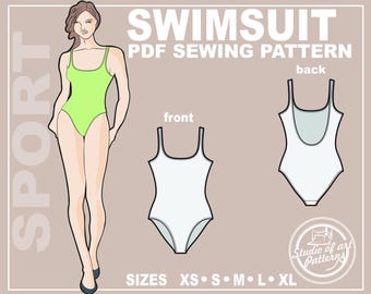Puede incluir: Un patrón de costura digital para un traje de baño de una pieza, con una ilustración en verde lima de la prenda sobre una figura, junto a dibujos lineales blancos de las vistas frontal y trasera. Texto: SPORT SWIMSUIT PDF SEWING PATTERN y SIZES XS S M L XL.