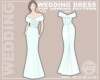 Off-Shoulder Brautkleid Schnittmuster: Eleganter Ausschnitt und schräg geschnittener Rock (PDF Digital, 5 Grössen XS-XL, A4 Print-at-Home/ A0 Plotter)