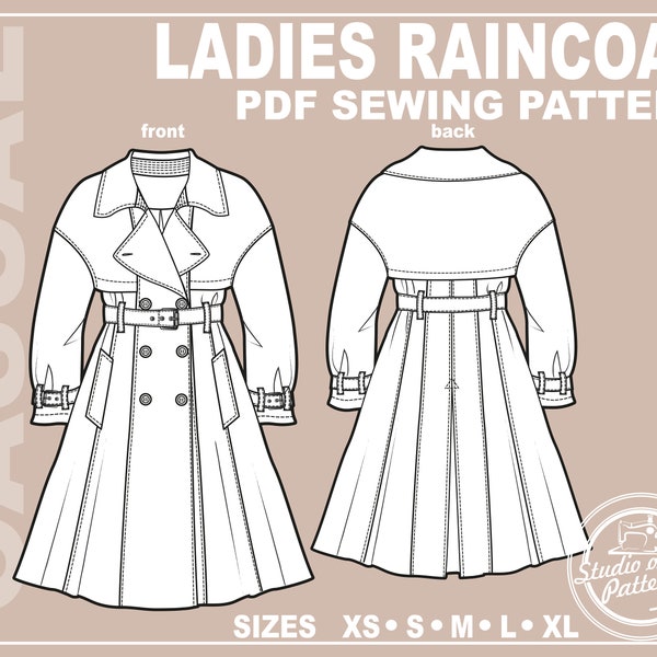 PATTERN WOMEN'S RAINCOAT. Sewing Pattern Double-Breasted Midi Trench Coat. Digital Pack 5 sizes. Instant Download. Print-at-home.
