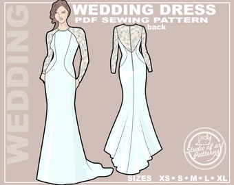 PDF Wedding Dress Sewing Pattern  Fit & Flare Gown With Low Back Cut Out |  Long Sleeves | EU 3248 (US 016, Uk 420) | Digital Download - Etsy
