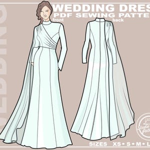 Peut inclure: Patron de couture numérique pour une robe de mariée avec une longue traîne et un col montant. Le patron comprend des instructions pour l'avant et l'arrière de la robe. Tailles XS-XL disponibles.