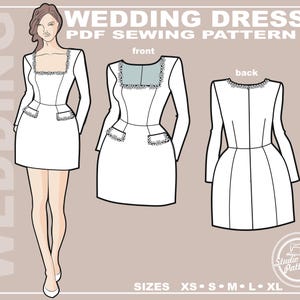 Puede incluir: Un patrón de costura de vestido de novia blanco con escote cuadrado y mangas largas. El patrón incluye una vista frontal y posterior del vestido. El patrón está disponible en las tallas XS, S, M, L y XL.