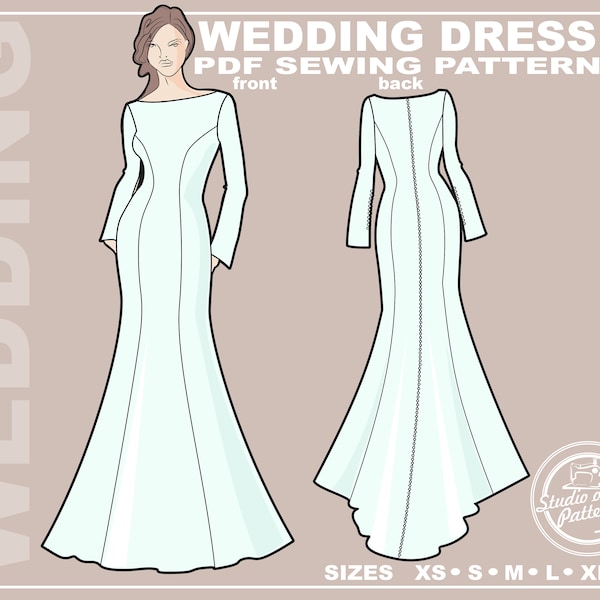 PATTERN WEDDING DRESS. Sewing Pattern Bridal Gown with sleeves. Digital Pack 5 sizes. Instant Download. Print-at-home
