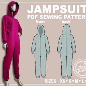 以下が含まれることがあります： フード付きジャンプスーツのPDF縫製パターン。パターンには、衣服の前身頃と後身頃の両方の指示が含まれています。パターンはXS、S、M、L、XLのサイズでご利用いただけます。