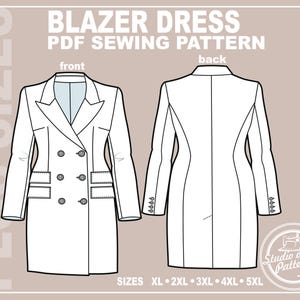 以下が含まれることがあります： 前面と背面図のある白いブレザーワンピースの縫製パターン。「BLAZER DRESS PDF SEWING PATTERN」の文字が上部にあります。利用可能なサイズはXL、2XL、3XL、4XL、5XLです。「Studio of art Patterns」のロゴが右下にあります。