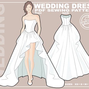 Könnte beinhalten: Eine digitale Illustration eines PDF-Schnittmusters für ein Brautkleid mit Vorder- und Rückansicht. Das Design umfasst ein trägerloses Oberteil und einen asymmetrischen Rock mit langer Schleppe. Text: WEDDING DRESS PDF SEWING PATTERN und SIZES XS S M L XL.