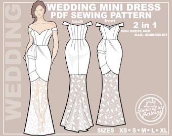 Convertible Wedding Mini Dress Sewing Pattern: Tulip Skirt and a long removable translucent petticoat (PDF Digital, 5 Sizes XS-XL)