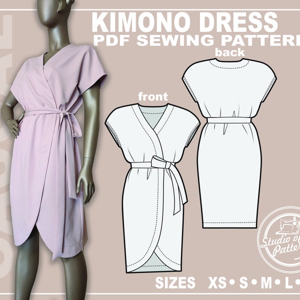 PATTERN KIMONO DRESS. Sewing Pattern Women's Kimono Dress-Robe. Digital Pack 5 sizes. Instant Download.  Print-at-home