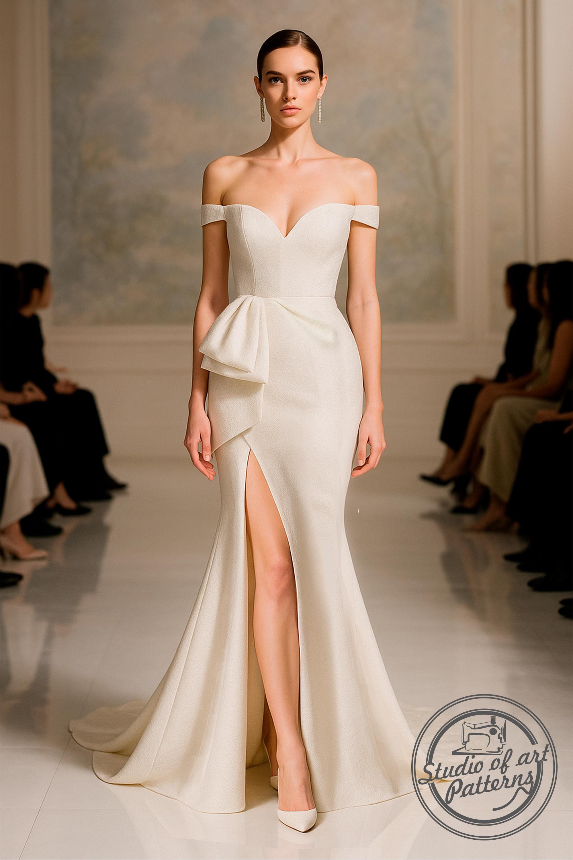 off the shoulder mermaid dress pattern I'd love to make this banded off the shoulder, fish tail flounce dress for a wedding, I'm hunting for advice for pattern suggestions or whether to have a go at self drafting