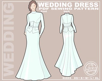 Brautkleid Schnittmuster: Stretch Crepe Couture Abendkleid Schnittmuster (PDF Digital Download, 5 Grössen XS-XL, A4 Print-at-home/A0 Plotter Format)