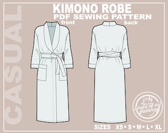 May include: A digital illustration of a kimono robe sewing pattern. The front and back views are shown, with a wrap-around belt, pockets, and a shawl collar. The text "KIMONO ROBE PDF SEWING PATTERN" is displayed, along with size options XS-XL.