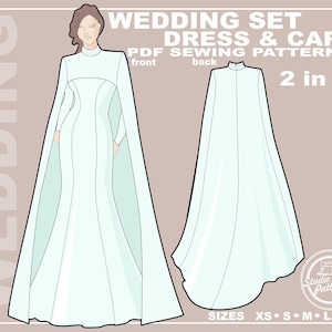 Puede incluir: Un patrón de costura digital para un conjunto de vestido de novia y capa. La ilustración muestra una vista frontal y trasera del vestido y la capa. El texto en la imagen dice "WEDDING SET DRESS & CAPE PDF SEWING PATTERN 2 in 1". Tallas XS a XL disponibles.