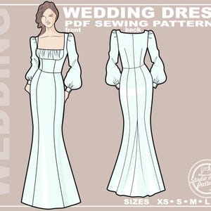 Puede incluir: Un patrón de costura digital para un vestido de novia con mangas largas y un corpiño ajustado. El patrón incluye instrucciones para las tallas XS, S, M, L y XL. El patrón está disponible para descargar en PDF.