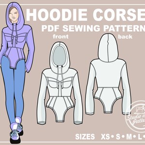 Könnte beinhalten: Illustration eines Hoodie-Korsett-Schnittmusters. Das Design zeigt ein Kapuzenoberteil mit einem Korsett-Stil-Oberteil. Das Bild enthält eine Vorder- und Rückansicht sowie eine Zeichnung einer Person, die das Hoodie-Korsett trägt. Größen XS bis XL.