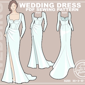 PATTERN WEDDING DRESS with sleeves. Sewing Pattern Bridal gown featuring draping. Digital Pack 5 sizes. Instant Download.