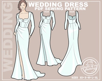 Sleeved Wedding Dress Sewing Pattern: Draped Mermaid Gown (PDF Digital Download, 5 Sizes XS-XL, A4 Print-at-home/A0 Plotter Format)