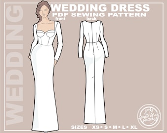 Brautkleid Schnittmuster: Brautkleid mit tiefem Ausschnitt (PDF Digital Download, XS-XL, A4 Print-at-Home/ A0 Plotter Format)