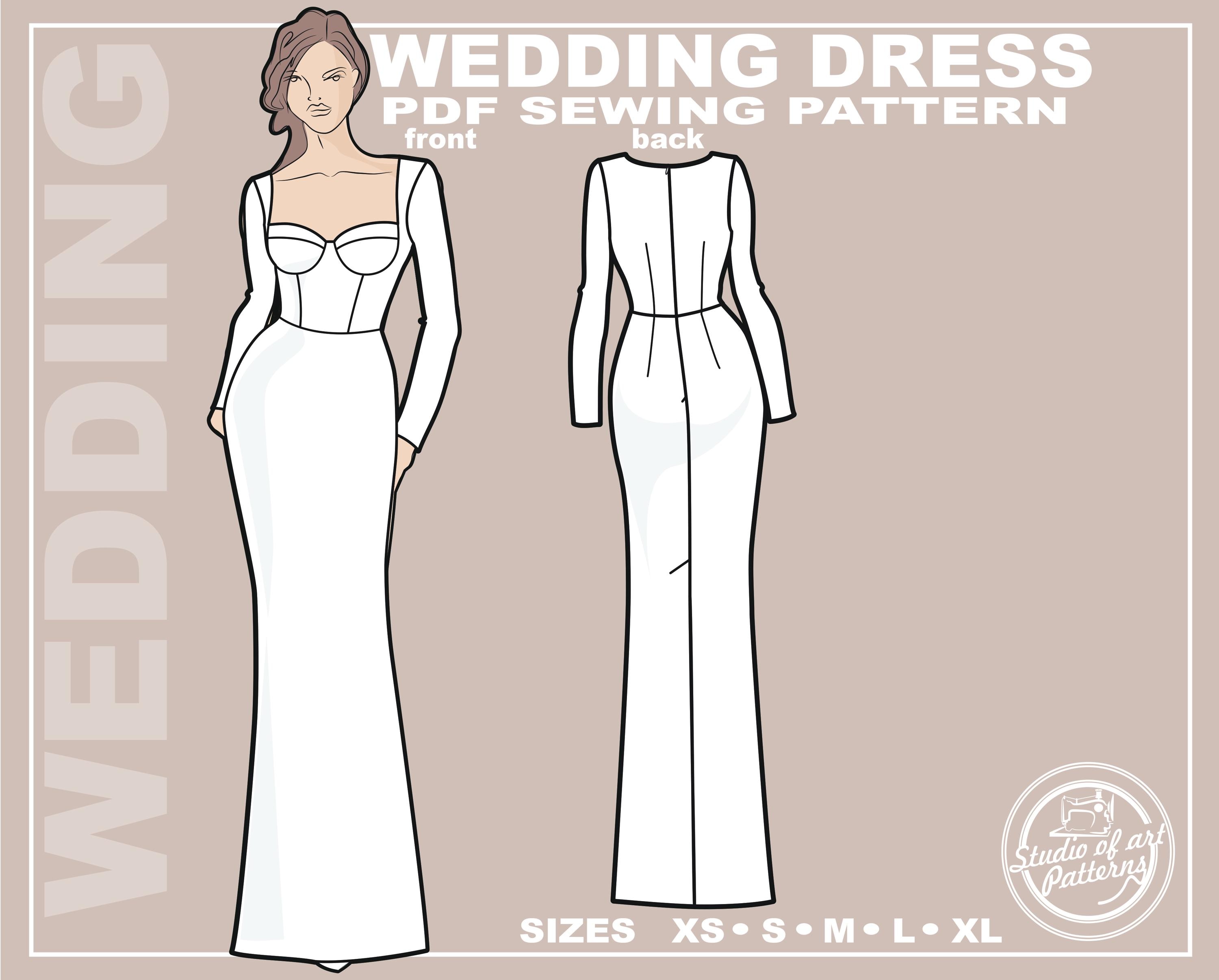 VESTIDO DE NOIVA COM ESTAMPA. Molde de costura para vestido de noiva com decote profundo. Pacote digital com 5 tamanhos. Download instantâneo. Imprima em casa.