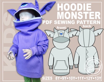 PATTERN KIDS HOODIE Monster. Sewing Pattern. Digital Pack 6 sizes. Instant Download. A4 Print-at-home/A0 Plotter format.