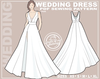 VESTIDO DE NOIVA COM ESTAMPA. Molde de costura para vestido de noiva com decote profundo. Pacote digital com 5 tamanhos. Download instantâneo.