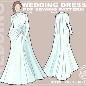 PATTERN WEDDING DRESS. Sewing Pattern Bridal gown featuring draping. Digital Pack 5 sizes. Instant Download.