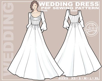 Wedding Dress Sewing Pattern: Corset Bodice, Fluffy Skirt (PDF Digital Download, 5 Sizes XS-XL, A4 Print-at-Home/ A0 Plotter Format)