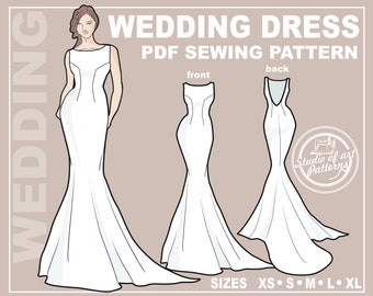 MODELO DE VESTIDO DE NOIVA. Molde de costura para vestido de noiva sem costas. Pacote digital com 5 tamanhos. Download instantâneo.