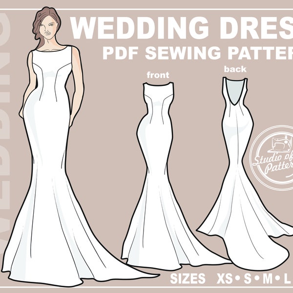 PATTERN WEDDING DRESS. Sewing Pattern Wedding gown backless. Digital Pack 5 sizes. Instant Download.