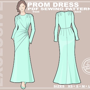 Puede incluir: Un patrón de costura digital para un vestido de gala largo de color azul claro. El patrón incluye instrucciones para la parte delantera y trasera del vestido. Las tallas XS, S, M, L y XL están disponibles.