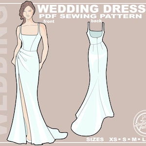 Può includere: Un modello di cucito PDF di abito da sposa azzurro. La vista frontale mostra un abito senza maniche con uno spacco alto. La vista posteriore mostra l'abito con la schiena scoperta e uno strascico. Il testo "WEDDING DRESS PDF SEWING PATTERN" è in alto.