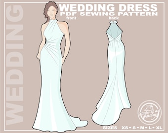 Mermaid Wedding Dress Sewing Pattern: Draped Bodice, Backless (PDF Digital Download, 5 Sizes XS-XL, A4 Print-at-home/A0 Plotter Format)