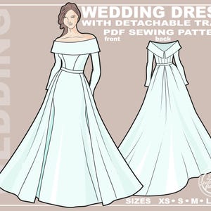 Może przedstawiać: Cyfrowa ilustracja sukni ślubnej z odpinanym trenem. Suknia ma dopasowany gorset z dekoltem w kształcie serca i długie rękawy. Spódnica jest pełna i falująca. Ilustracja przedstawia widok z przodu i z tyłu sukni. Tekst "WEDDING DRESS WITH DETACHABLE TRAIN PDF SEWING PATTERN" znajduje się u góry obrazu. Tekst "front" i "back" znajduje się pod ilustracjami. Tekst "SIZES XS S M L XL" znajduje się na dole obrazu.