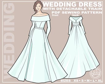 Schnittmuster Brautkleid mit abnehmbarer Schleppe PDF Digital Download, 5 Grössen XS-XL, A4 Print-at-Home/ A0 Plotterformat)
