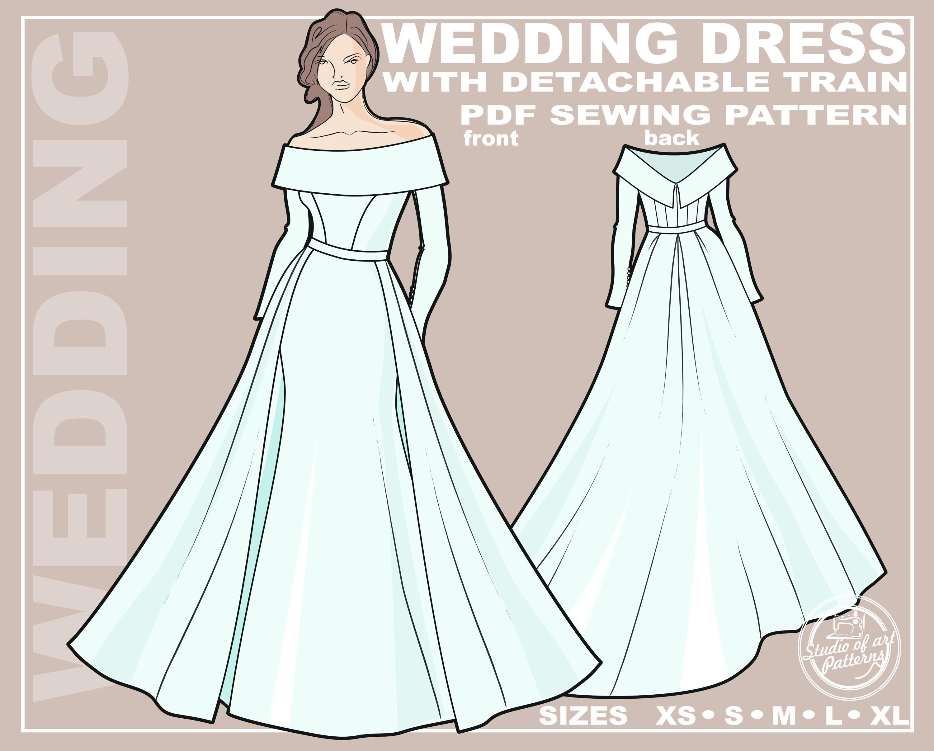 a line wedding dress sewing patterns Wedding Dress Sewing Pattern With Detachable Train (PDF Digital Download, 5  Sizes XS-XL, A4 Print-at-home/ A0 Plotter Format)