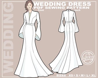 Mermaid Wedding Dress Sewing Pattern: Flared Sleeves (PDF Digital Download, 5 Sizes XS-XL, A4 Print-at-home /A0 Plotter Format)