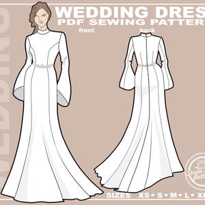 Wedding Dress Sewing Pattern: Muslim Bride, Long Sleeves (PDF Digital Download, 5 Sizes XS-XL, A4 Print-at-Home/ A0 Plotter Format)