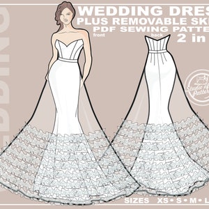 PATTERN WEDDING DRESS. Sewing Pattern Wedding gown with frills. Pattern Bridal gown with removable skirt. Digital Pack 5 sizes.