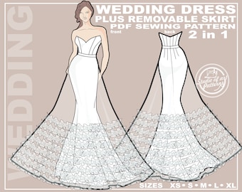 Wedding Gown Sewing Pattern: Mermaid Dress with Ruffle Skirt (PDF Digital Download, 5 Sizes XS-XL, A4 Print-at-home/A0 Plotter Format)