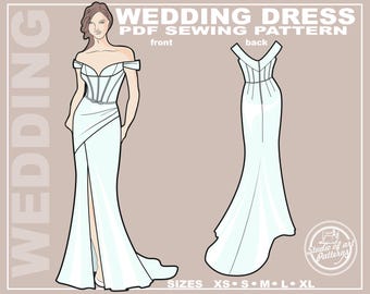 Off-Shoulder Wedding Dress Sewing Pattern: Mermaid Gown with Train (PDF Digital, 5 Sizes XS-XL, A4 Print-at-Home/ A0 Plotter Format)