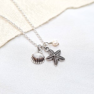 Silver necklace with shell and starfish pendant • freshwater pearl • maritime beach jewelry • summer