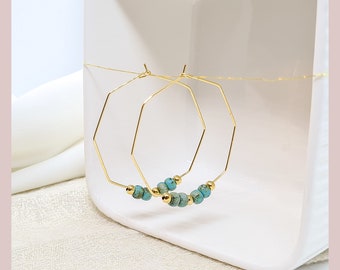 Hexagon hoop earrings in gold with beads in turquoise • Geometric • Hexagonal • Boho Chic • 24k gold plated
