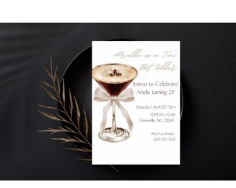Zaproszenie Tini Bit Older | Edytowalne zaproszenie urodzinowe 5x7 | Zaproszenie na imprezę Espresso Martini | Szablon do druku na 21. urodziny | Koktajl P