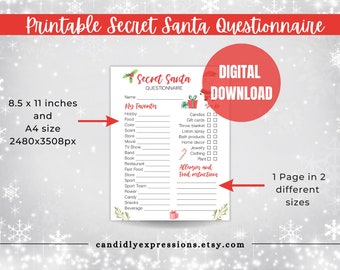 Op de afbeelding: Printbare Secret Santa-vragenlijst, digitaal te downloaden in twee formaten: 8,5 x 11 inch en A4 (2480 x 3508 pixels). De vragenlijst vraagt naar de favoriete hobby, eten, kleur, geur, winkel, film, tv-programma, band, boek, restaurant, fastfood, sport, sportteam, bloem, snoep, snacks en drank van de ontvanger. Er zijn ook secties voor allergieën en dieetbeperkingen.