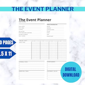 Könnte beinhalten: Ein schwarz-weißer druckbarer Eventplaner mit 120 Seiten. Der Planer enthält Abschnitte für Eventdetails, Veranstaltungsortinformationen, Zeitplan, Catering, Unterhaltung, Marketing und Ausrüstung. Der Planer ist 21,6 cm x 27,9 cm groß.